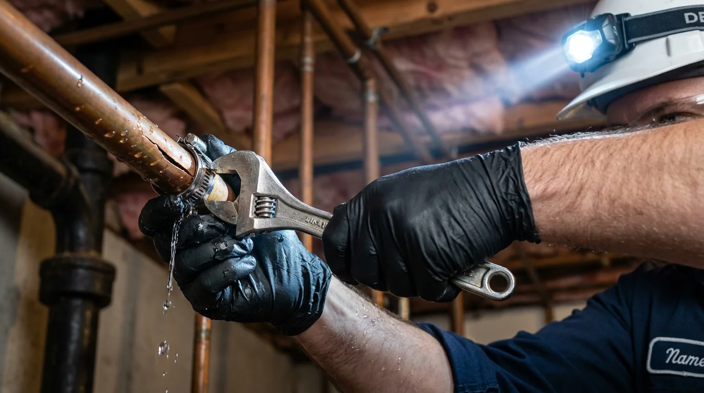 Emergency pipe clamp repair being performed by a Johns Plumbing LLC plumber in Murphysboro