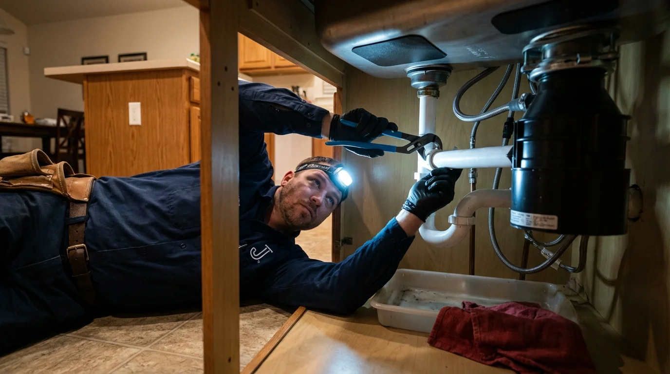 P-trap and supply line connections under a kitchen sink showing a common leak point in Murphysboro, IL